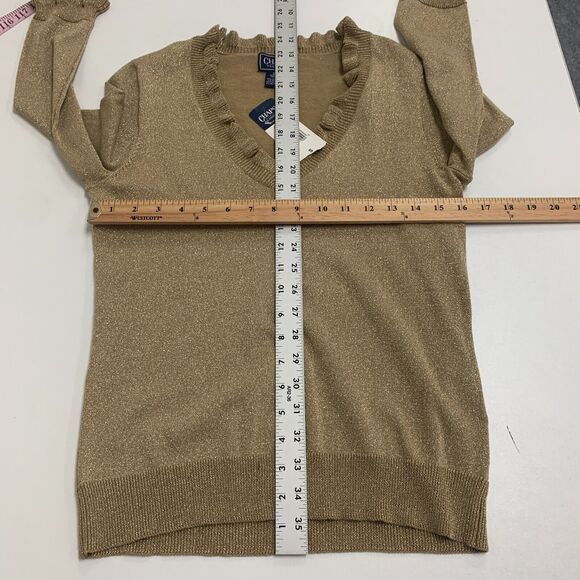 Chaps Metallic Shimmer Sweater Womens Ruffle V Neck 3/4 Sleeve Pullover Blouson - Picture 7 of 10